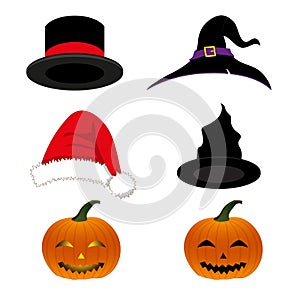 Hat Holiday Set. Magician, Witch, Santa, Pumpkin Halloween Hat isolated on White Background. Vector Illustration.