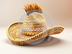 A hat made of straw with a feather on it photo