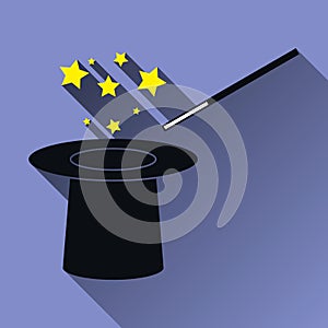 Hat and Magic Wand Symbol, Long Shadow, Vector Illustration