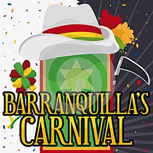 Hat over Flag for Barranquilla`s Carnival with Scythe and Wand, Vector Illustration