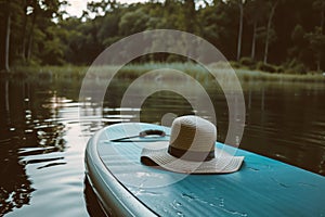 hat on a paddleboard at the edge of a pond