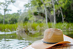 hat on a paddleboard at the edge of a pond