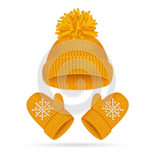 Hat with a Pompom and Mitten Set. Vector