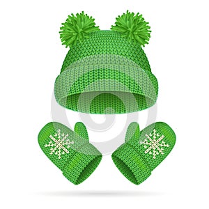 Hat with a Pompom and Mitten Set. Vector