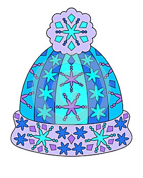 Hat With Pompom - vector Christmas full color zentangle illustration - with snowflakes and stars. New Year`s zentangle with a knit