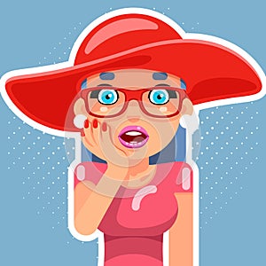 Hat Pop Art Sale Cute Surprised Female Girl Woman Hand Palm Face Cartoon Character Flat Design Vector Illustration