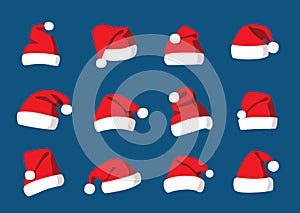 Hat santa christmas set decorations and design isolated on blue background illustration vector