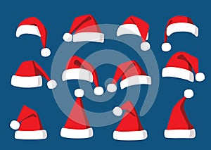 Hat santa christmas set decorations and design isolated on blue background illustration vector