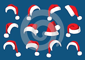 Hat santa christmas set decorations and design isolated on blue background illustration vector