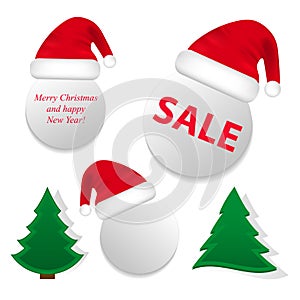 Hat Santa Claus on the circle and Christmas trees. Set Christmas decorations. Vector