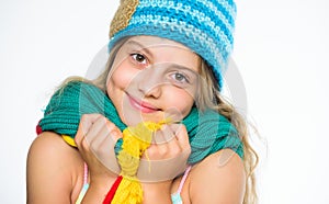 Hat and scarf keep warm. Kid wear warm soft knitted blue hat and long scarf. Warm woolen accessories. Girl long hair