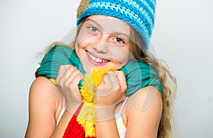 Hat and scarf keep warm. Which fabrics will keep you warmest this winter. Kid wear warm soft knitted blue hat and long