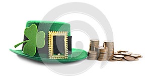 Hat, stack of gold coins and clover on white. St. Patrick`s Day celebration