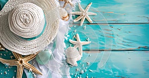 hat and starfish on the beach hat and sunglasses on the beach holiday background