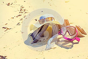 Hat and Sunglass on Timber the beach Relax Summer Vacation Holiday Concept Toned