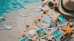 Hat, sunglasses, seashells, starfish, and photos on beach water font AIG50