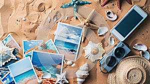 Hat, sunglasses, seashells, starfish, and photos on beach water font AIG50