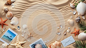 Hat, sunglasses, seashells, starfish, and photos on beach water font AIG50