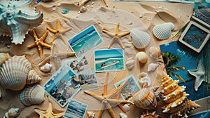 Hat, sunglasses, seashells, starfish, and photos on beach water font AIG50