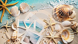 Hat, sunglasses, seashells, starfish, and photos on beach water font AIG50