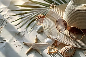 Hat, Sunglasses, and Starfish on Beach