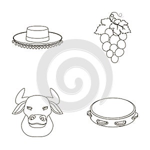 The hat of the todeador, the matador, a bunch of grapes with fists, a bull for the Spanish bullfight, a tambourine