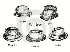 Hat type, bowler, tophat, stingy brim, pork pie, homburg. Ink black and white drawing photo