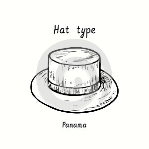 Hat type, panama. Ink black and white drawing illustration