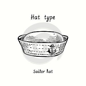 Hat type, Sailor hat dixie cup. Ink black and white drawing  illustration