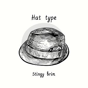 Hat type, stingy brim. Ink black and white drawing illustration