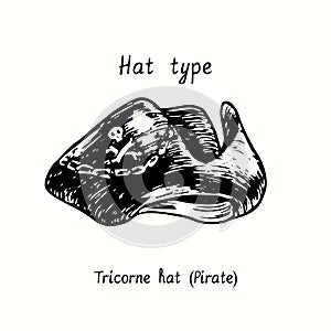 Hat type, Tricorne hat Pirate. Ink black and white drawing