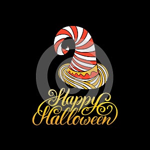 Hat vector illustration with Happy Halloween lettering. All Saints Eve background. Festive card design