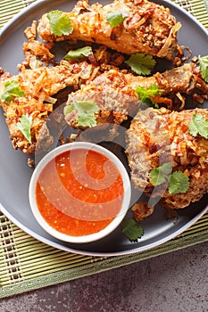 Hat Yai is a traditional chicken dish originating from Thailand, also known as Southern Thai fried chicken close-up on a plate on