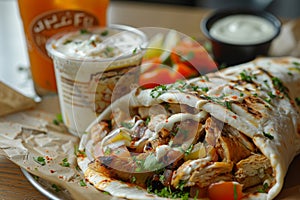 Hatay style chicken doner, with small pickled peppers and a glass of ayran photo