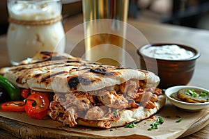 Hatay style chicken doner, with small pickled peppers and a glass of ayran photo