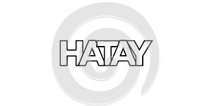 Hatay in the Turkey emblem. The design features a geometric style, vector illustration with bold typography in a modern font. The