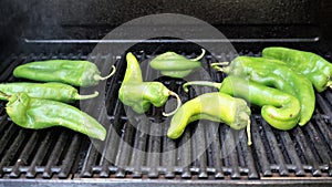 Hatch green chilies on the bar b q starting to roast.