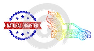 Hatched Burn Car Mesh Icon with Rainbow Gradient and Scratched Bicolor Natural Disaster Seal