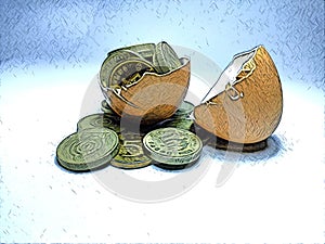 Hatched egg with coins showing investment and return on investment