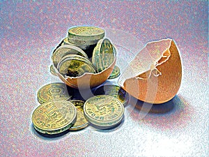 Hatched egg with coins showing investment and return on investment