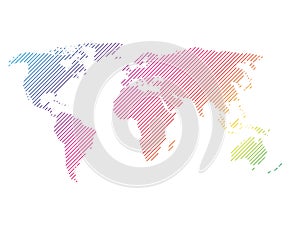 Hatched map of world in rainbow spectrum colors. Striped design vector illustration on white background