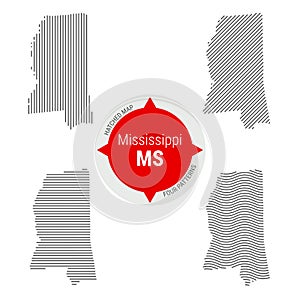 Hatched Pattern Vector Map of Mississippi. Stylized Simple Silhouette of Mississippi. Four Different Patterns