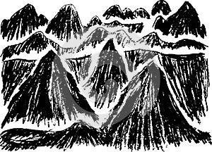 Hatched silhouettes of mountains. Set of hand-drawn hills