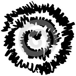 Hatched spiral round curl. Black vector rough hand-drawn design element