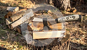 Hatchet Embedded in Split Firewood on a Stump