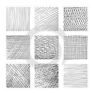 Hatching textures, cross lines, canvas pattern background vector set photo
