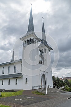 Hateigskirkja church at cloudy day in the center of Reykjavik, Iceland