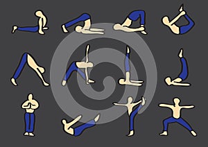 Hatha Yoga Poses Cartoon Vector Icon Set