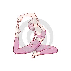 Hatha yoga stretching pose for flexibility. Woman practicing yoga pose. Colored sketch vector illustration