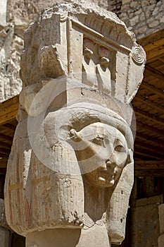 A Hathor capital at the Mortuary Temple of Hatshepsut at Deir al-Bahri near Luxor in Egypt.